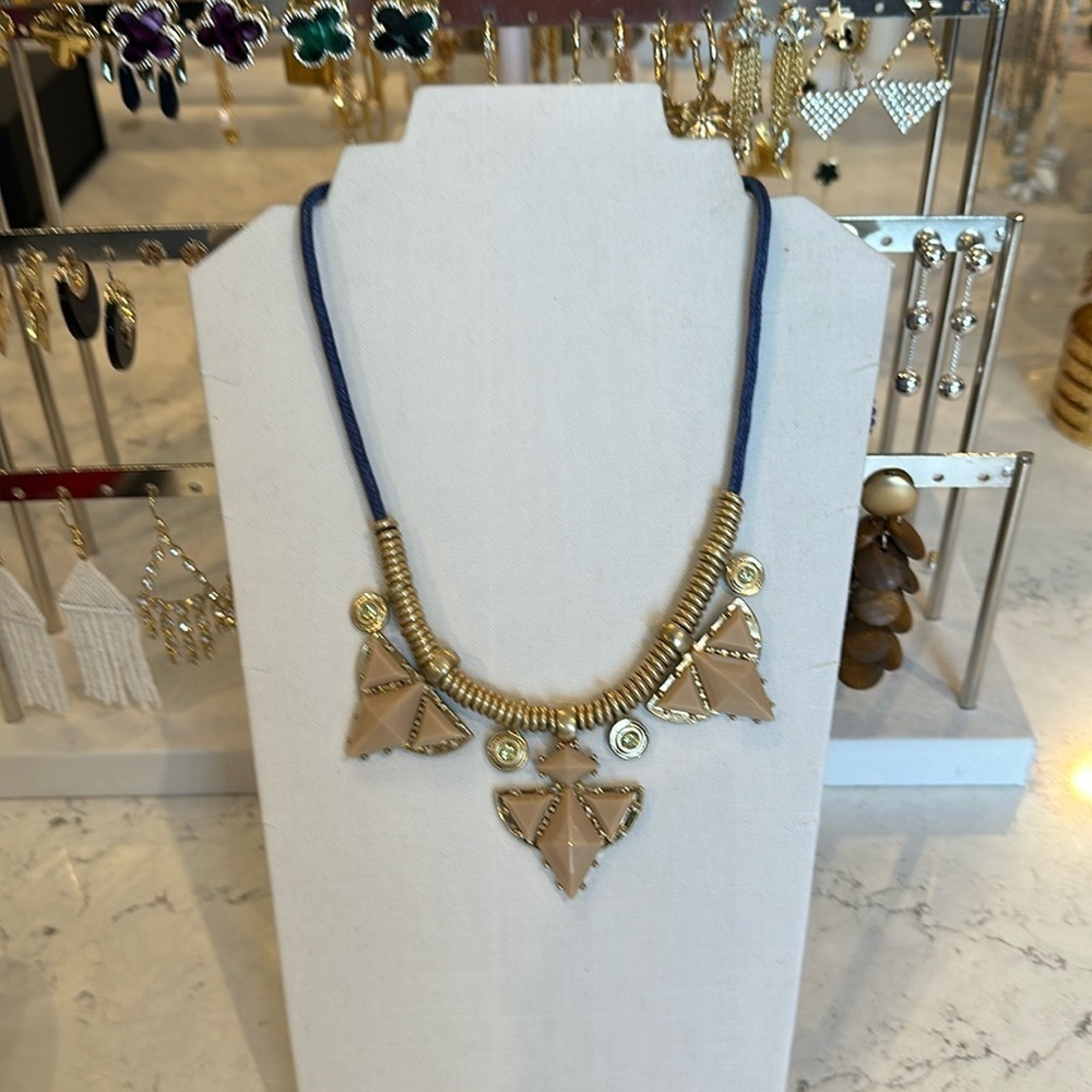 J Crew tan stone in blue cord costume necklace